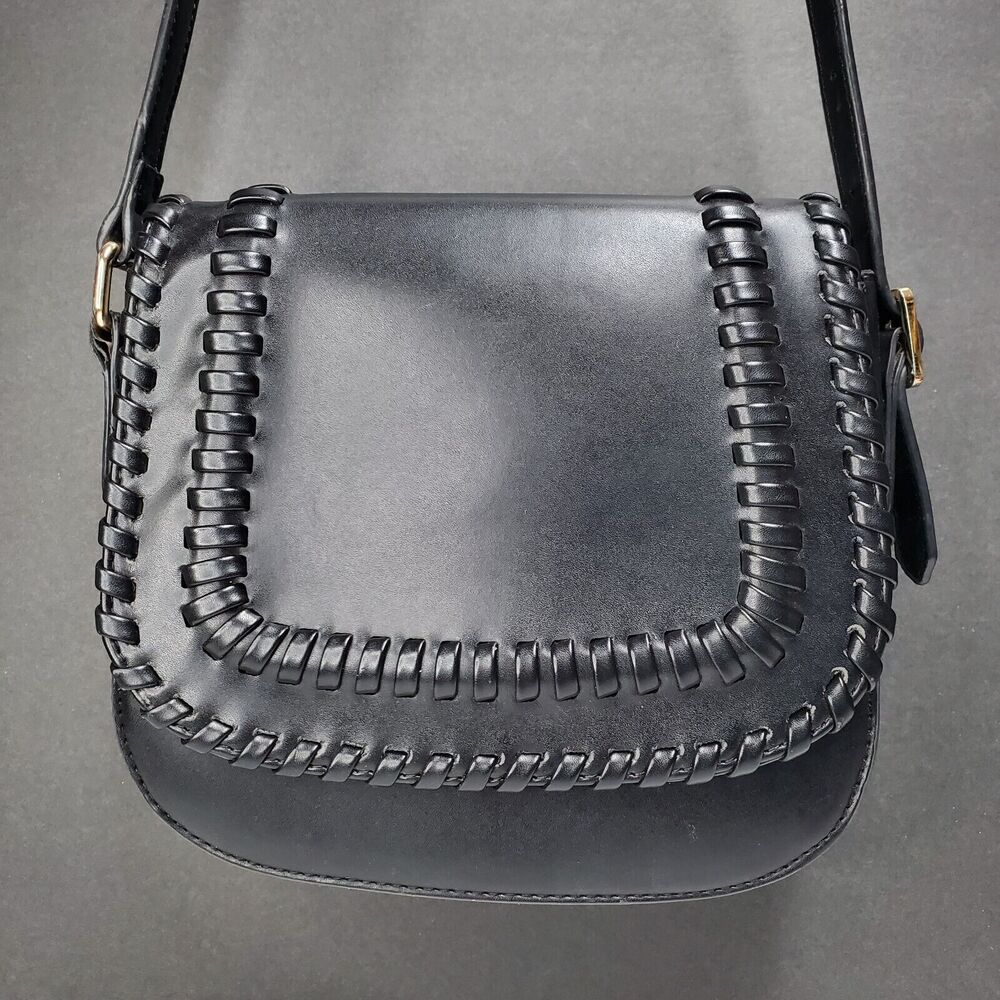 Lionel‎ Black Whipstitch Crossbody Saddle Bag Gold Hardware Faux Leather